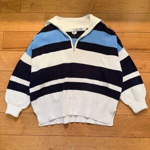 Aerie Striped Quarter Zip Sweater Womens XS Blue Navy White Oversized Knit